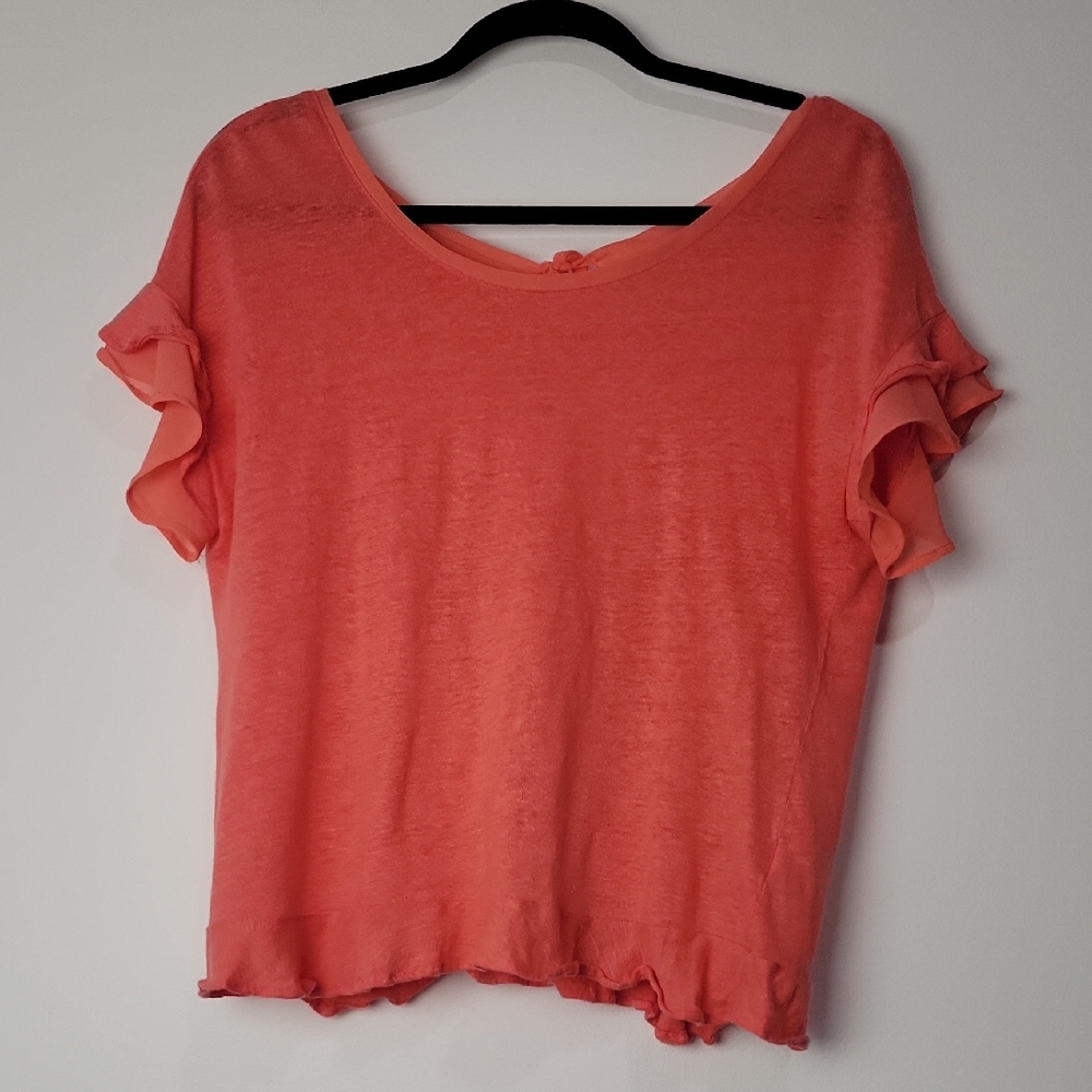 RW&CO.  WOMEN'S LINEN SHORT RUFFLED SLEEVE WRAP TIE BACK TOP LAGEN SIZE MEDIUM